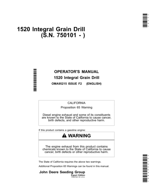 John Deere 1520 Integral Grain Drill (Export) (750101- 760100) Operator’s Manual (OMA95215) Workshop Guide