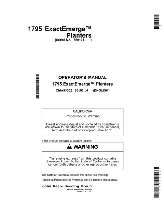 John Deere 1795 ExactEmerge Front-Fold Planters North America (760101-765100) Operator’s Manual (OMA95502) Workshop Guide
