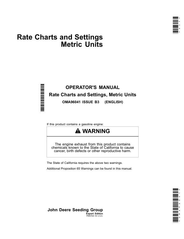 John Deere Rate Charts & Settings (Metric) Operator’s Manual (OMA96041) Workshop Guide