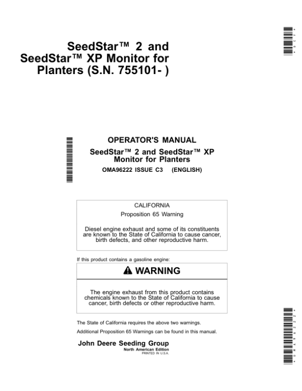 John Deere SeedStar 2 & SeedStar XP Monitor Worldwide Edition (755101-765100) Operator’s Manual (OMA96222) Workshop Guide