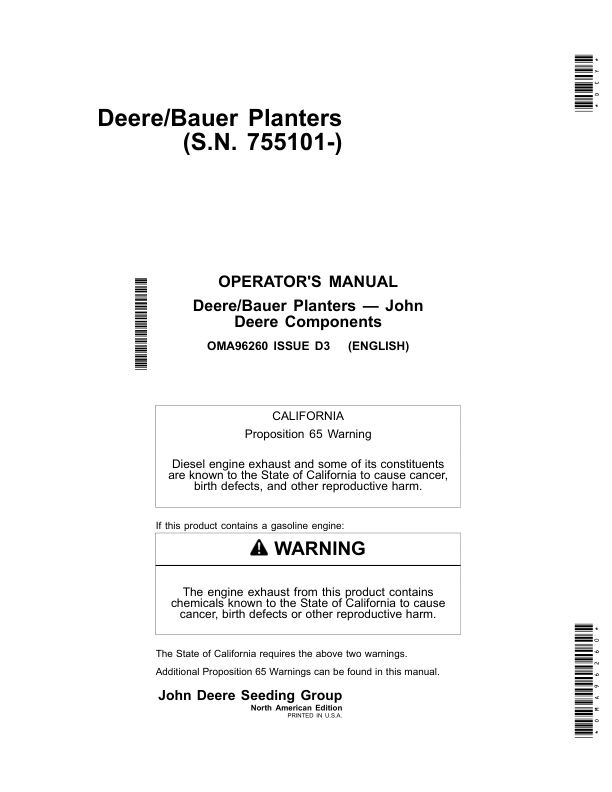 John Deere DB44, DB60, DB66, DB80, DB88, DB90, & DB120 Deere/Bauer Planters Worldwide Edition (755101-760100) Operator’s Manual (OMA96260) Workshop Guide