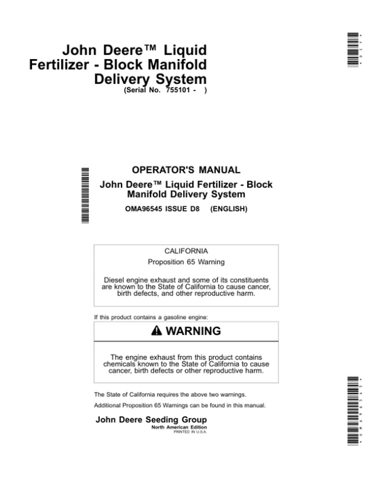 John Deere Liquid Fertilizer – Block Manifold Delivery System Operator’s Manual (OMA96545) Workshop Guide