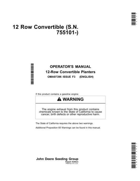John Deere 1780 12-Row Convertible Planters Operator’s Manual (OMA97396) Workshop Guide