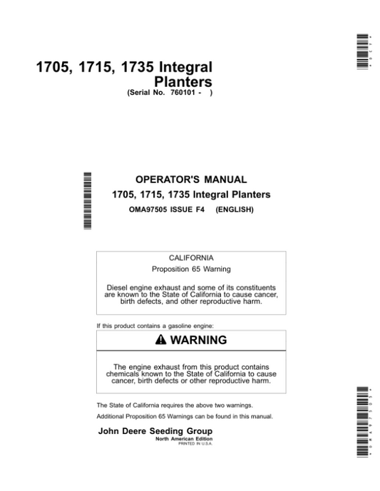 John Deere 1705, 1715 & 1735 Integral Planters Worldwide Edition (760101-765101) Operator’s Manual (OMA97505) Workshop Guide