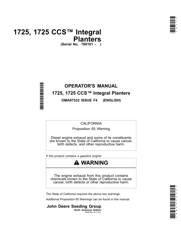 John Deere 1725 & 1725 CCS Integral Stack-Fold Planters Worldwide Edition (760101-765100) Operator’s Manual (OMA97532) Workshop Guide