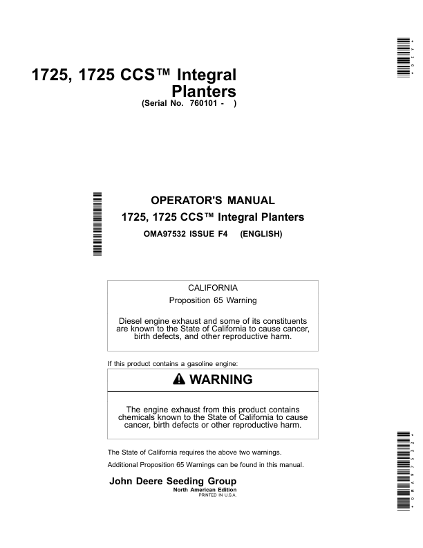 John Deere 1725 & 1725 CCS Integral Stack-Fold Planters Worldwide Edition (760101-765100) Operator’s Manual (OMA97532) Workshop Guide