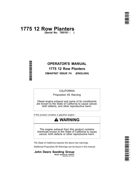 John Deere 1775 12-Row Planters North America & Australia (760101-765100) Operator’s Manual (OMA97607) Workshop Guide