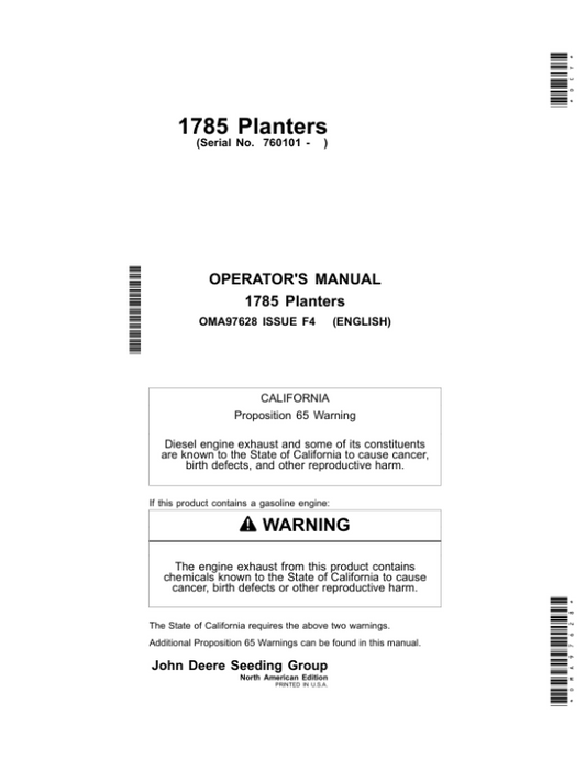 John Deere 1785 Planters North American & Australia (760101-765100) Operator’s Manual (OMA97628) Workshop Guide