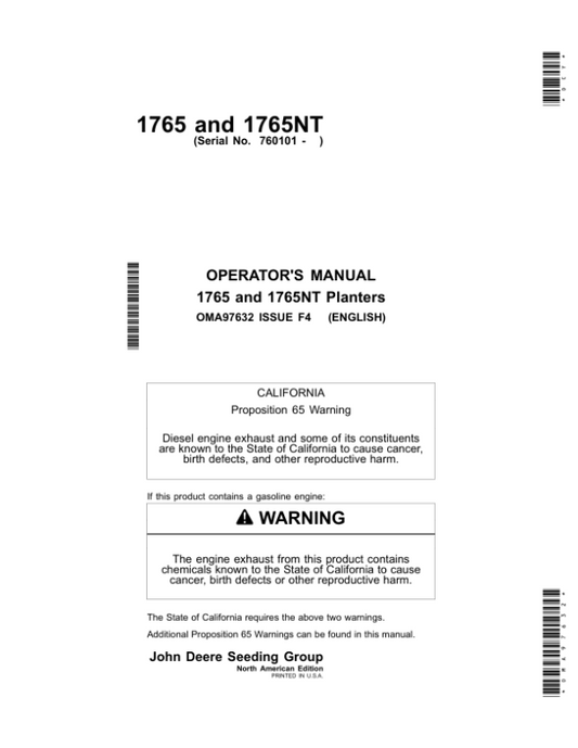 John Deere 1765 & 1765NT Planters Export Edition (760101-765100) Operator’s Manual (OMA97632) Workshop Guide
