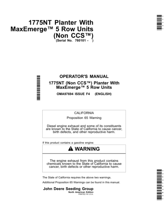 John Deere 1775NT Planter w/MaxEmerge 5 Row Units / (Non CCS) (760101-765000) (North American) Operator’s Manual (OMA97694) Workshop Guide