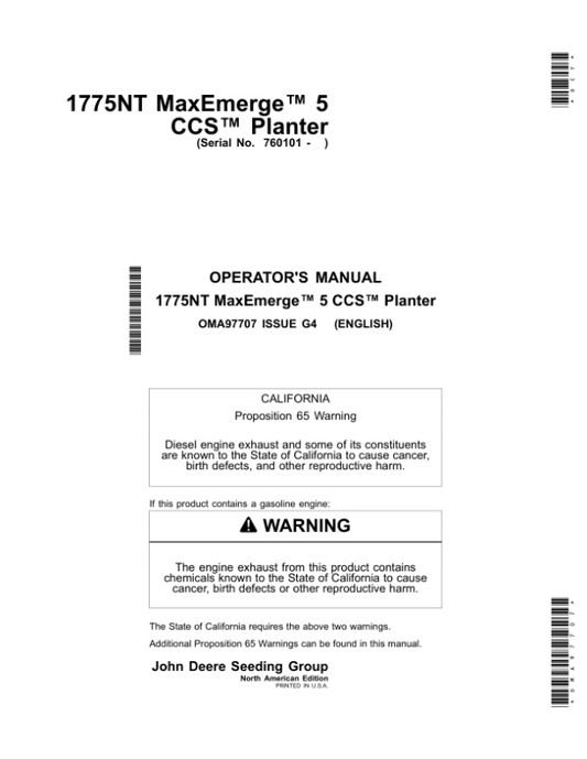 John Deere 1775NT Planters w/MaxEmerge 5 CCS (760101-765100) (North American) Operator’s Manual (OMA97707) Workshop Guide
