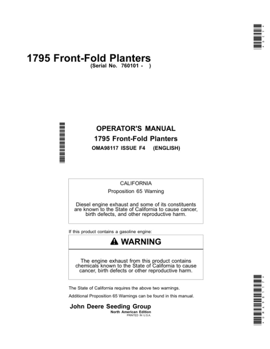 John Deere 1795 Front-Fold Planters Worldwide Edition (760101-765100) Operator’s Manual (OMA98117) Workshop Guide