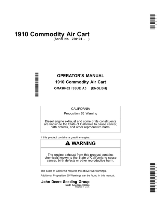 John Deere 1910 Commodity Air Cart North America (760101-765100) Operator’s Manual (OMA98462) Workshop Guide