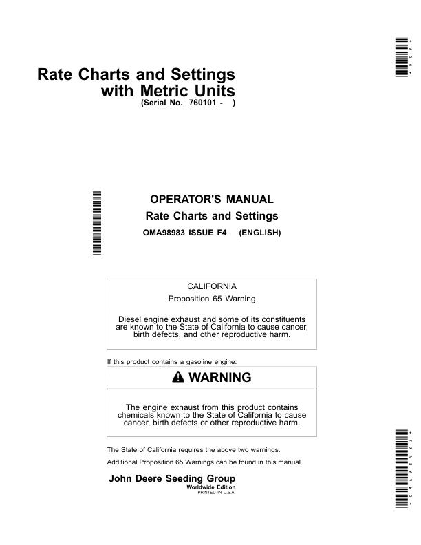 John Deere Rate Charts & Settings (Metric) (000000-765100) Operator’s Manual (OMA98983) Workshop Guide