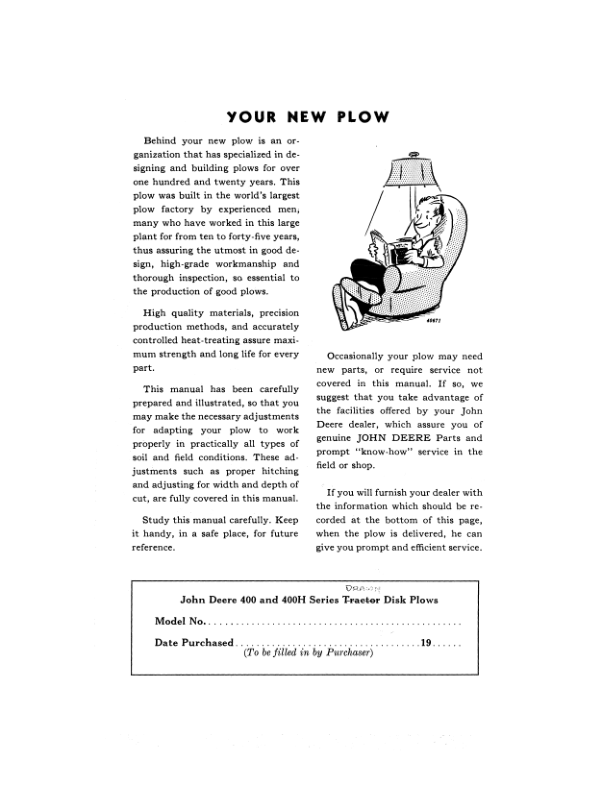 John Deere 400, 400H Series 2-, 3-, 4-Furrow Drawn Disk Plows Operator’s Manual (OMA9959) Workshop Guide
