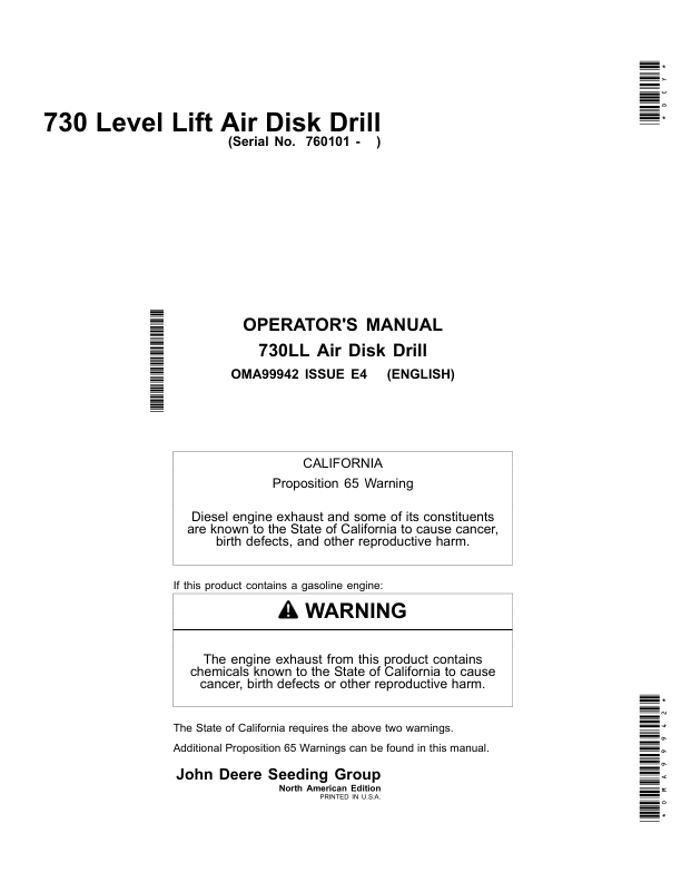 John Deere 730 Level Lift Air Disk Drill North America (760101-765100) Operator’s Manual (OMA99942) Workshop Guide