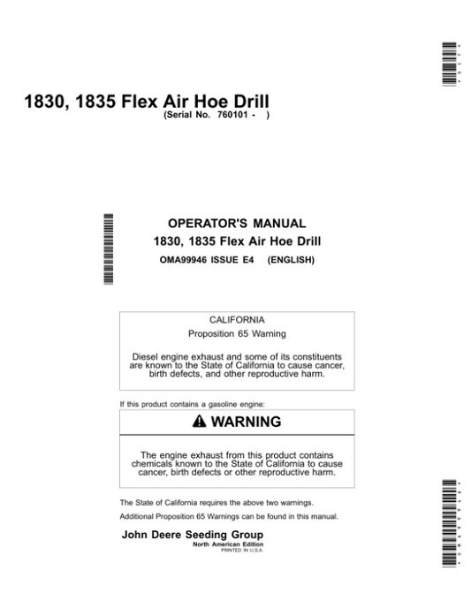 John Deere 1830 & 1835 Flex Air Hoe Drill North America (760101-765100) Operator’s Manual (OMA99946) Workshop Guide