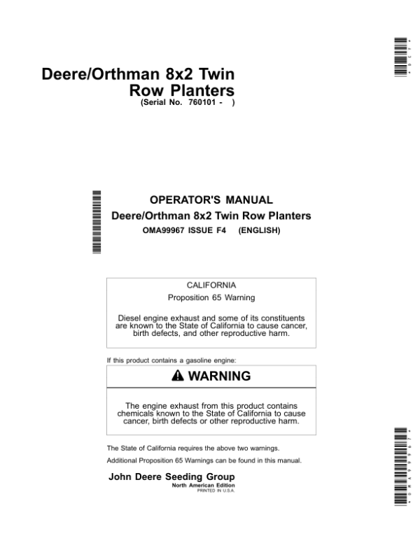 John Deere Deere/Orthman 8×2 Twin Row Planters North America (760101-) Operator’s Manual (OMA99967) Workshop Guide