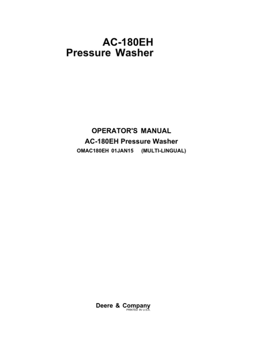 John Deere AC-180EH Pressure Washer Operator’s Manual (OMAC180EH) Workshop Guide
