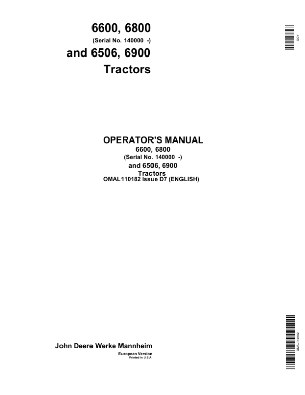 John Deere 6600 & 3800 Tractors, 6506 & 6900 Tractors Operator’s Manual (OMAL110182) Workshop Guide