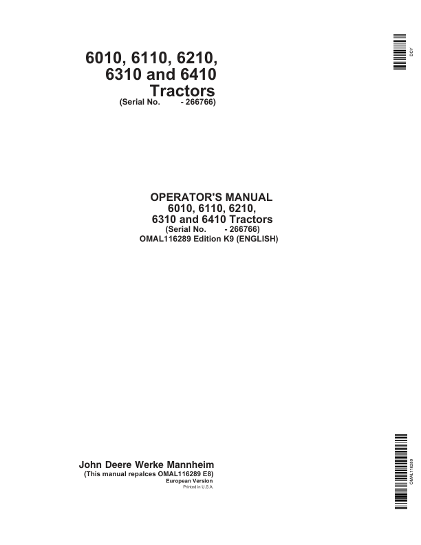 John Deere 6010, 6110, 6210, 6310 & 6410 Tractors Operator’s Manual (OMAL116289) Workshop Guide