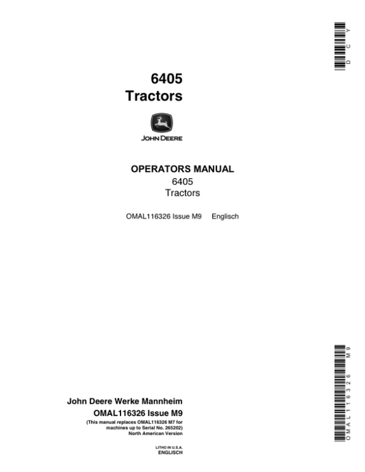 John Deere 6405 Tractors (-265202) Operator’s Manual (OMAL116326) Workshop Guide