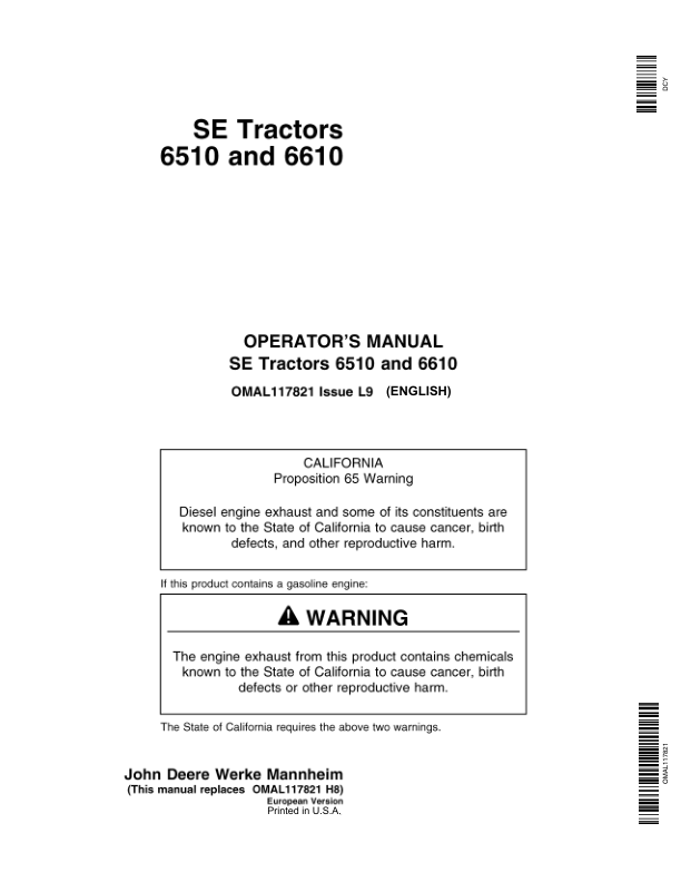 John Deere SE 6510 & SE 6610 Tractors Operator’s Manual (OMAL117821) Workshop Guide