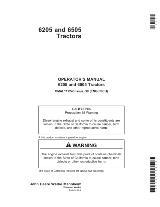 John Deere 6205 & 6505 Tractors Operator’s Manual (OMAL119243) Workshop Guide