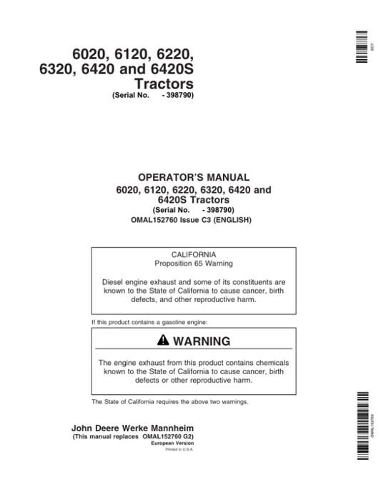 John Deere 6020, 6120, 6220, 6320, 6420, 6420S Tractors Operator’s Manual (OMAL152760) Workshop Guide