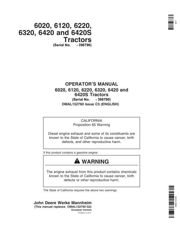 John Deere 6020, 6120, 6220, 6320, 6420, 6420S Tractors Operator’s Manual (OMAL152760) Workshop Guide