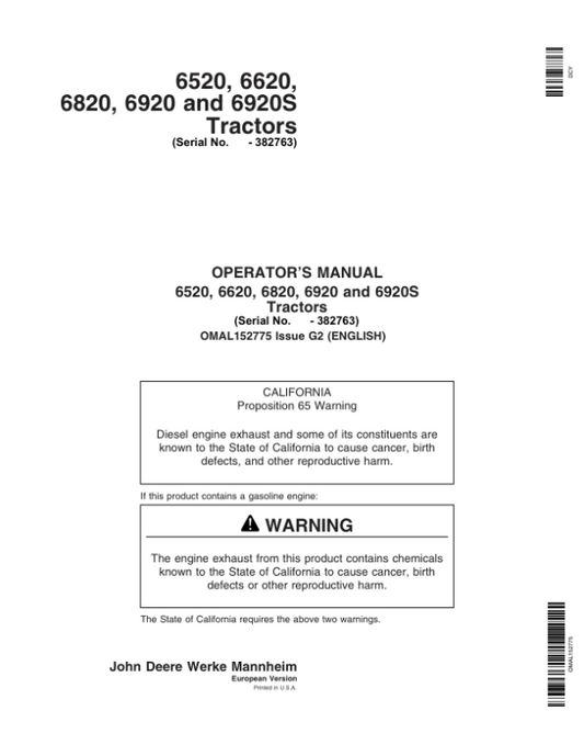 John Deere 6520, 6620 6820, 6920 & 6920S Tractors Operator’s Manual (OMAL152775) Workshop Guide