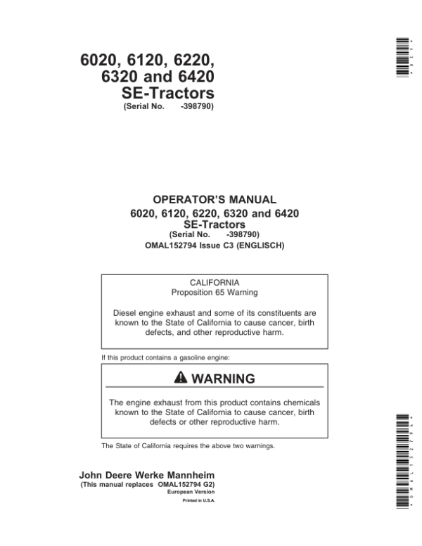 John Deere 6020SE, 6120SE, 6220SE, 6320SE & 6420SE Tractors Operator’s Manual (OMAL152794) Workshop Guide