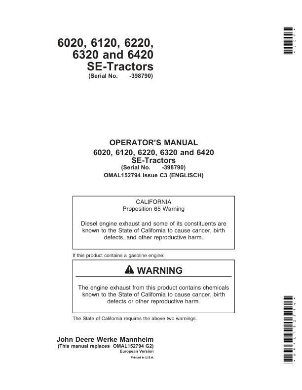 John Deere 6020SE, 6120SE, 6220SE, 6320SE & 6420SE Tractors Operator’s Manual (OMAL152794) Workshop Guide