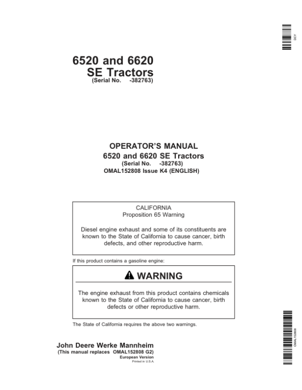 John Deere 6520 SE & 6620 SE Tractors Operator’s Manual (OMAL152808) Workshop Guide
