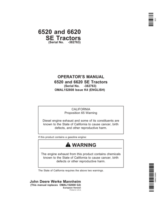 John Deere 6520 SE & 6620 SE Tractors Operator’s Manual (OMAL152808) Workshop Guide