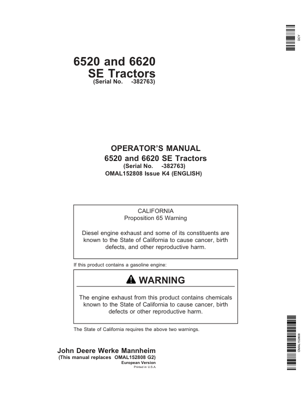 John Deere 6520 SE & 6620 SE Tractors Operator’s Manual (OMAL152808) Workshop Guide