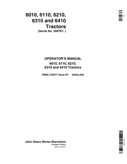 John Deere 6010, 6110, 6210, 6310 & 6410 Tractors Operator’s Manual (OMAL152877) Workshop Guide