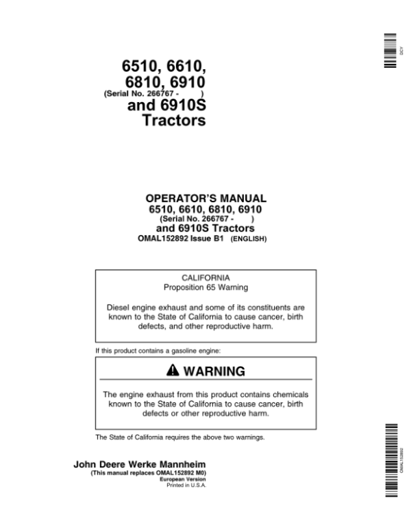 John Deere 6510, 6610, 6810, 6910 & 6910S Tractors Operator’s Manual (OMAL152892) Workshop Guide