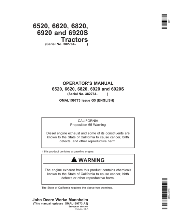 John Deere 6520, 6620, 6820, 6920 & 6920S Tractors Operator’s Manual (OMAL159773) Workshop Guide