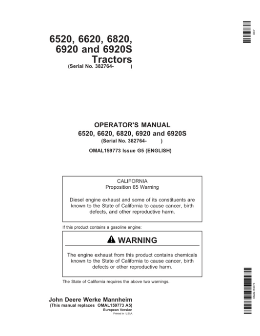 John Deere 6520, 6620, 6820, 6920 & 6920S Tractors Operator’s Manual (OMAL159773) Workshop Guide