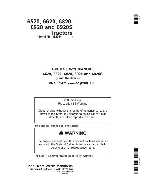 John Deere 6520, 6620, 6820, 6920 & 6920S Tractors Operator’s Manual (OMAL159773) Workshop Guide