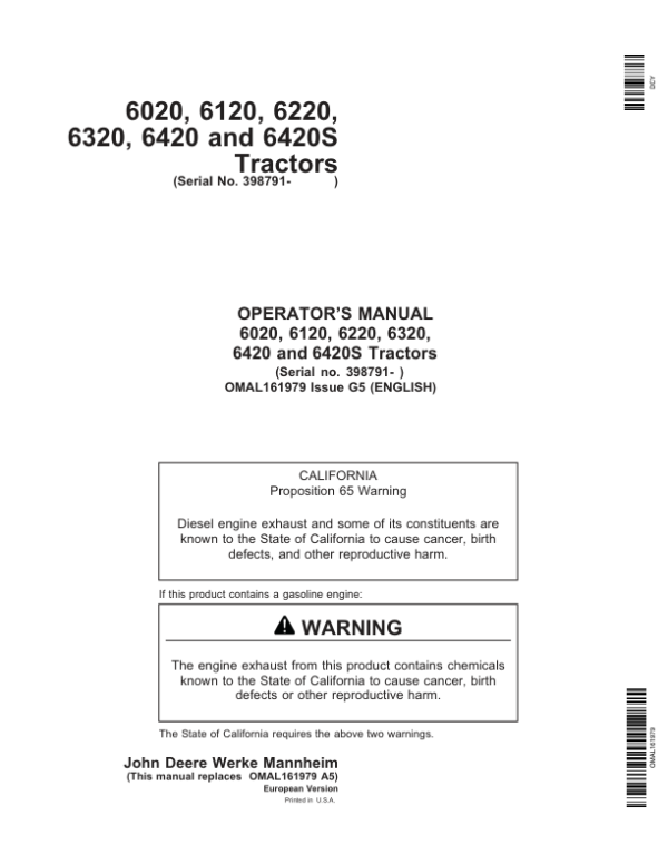 John Deere 6020, 6120, 6220, 6320, 6420 & 6420S Tractors Operator’s Manual (OMAL161979) Workshop Guide