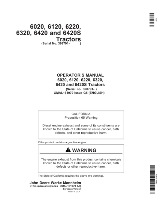 John Deere 6020, 6120, 6220, 6320, 6420 & 6420S Tractors Operator’s Manual (OMAL161979) Workshop Guide