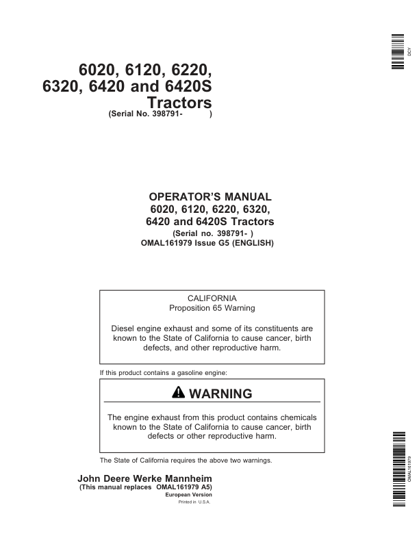 John Deere 6020, 6120, 6220, 6320, 6420 & 6420S Tractors Operator’s Manual (OMAL161979) Workshop Guide