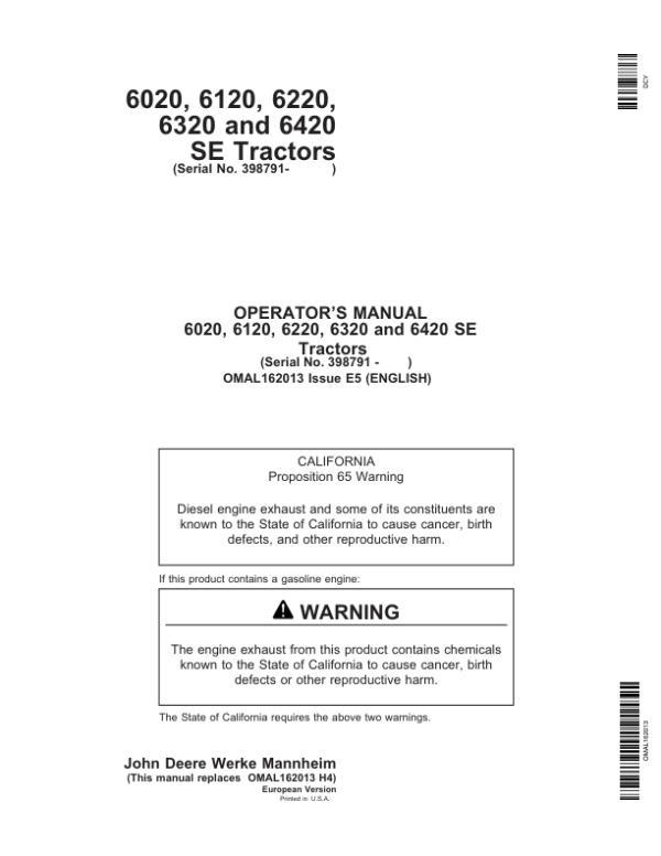 John Deere 6020SE, 6120SE, 6220SE, 6320SE & 6420SE Tractors Operator’s Manual (OMAL162013) Workshop Guide