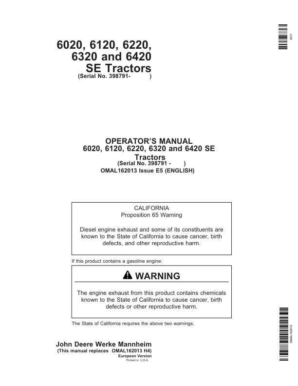 John Deere 6020SE, 6120SE, 6220SE, 6320SE & 6420SE Tractors Operator’s Manual (OMAL162013) Workshop Guide