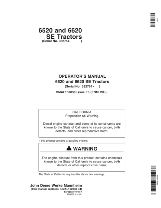 John Deere 6520 SE & 6620 SE Tractors Operator’s Manual (OMAL162038) Workshop Guide