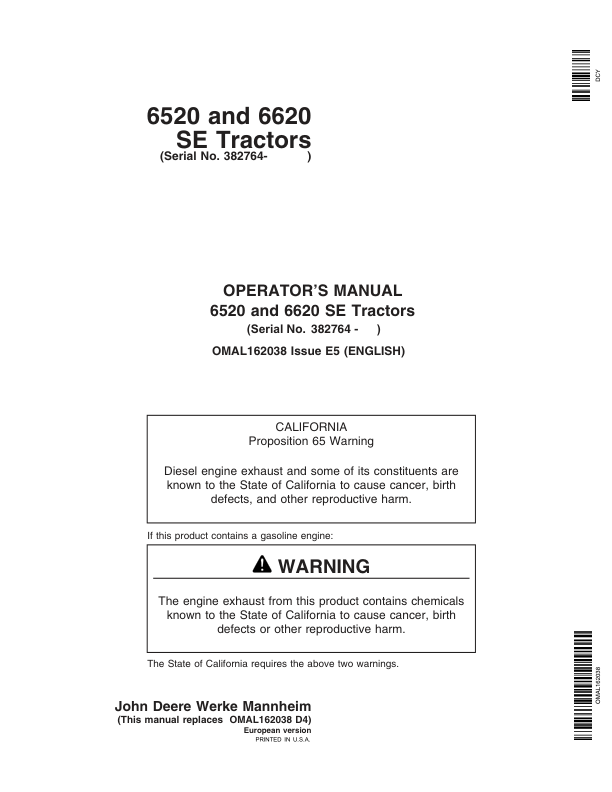 John Deere 6520 SE & 6620 SE Tractors Operator’s Manual (OMAL162038) Workshop Guide