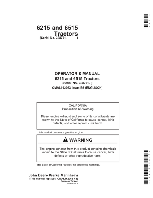 John Deere 6215 & 6515 Tractors Operator’s Manual (OMAL162063) Workshop Guide