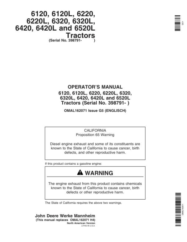 John Deere 6120, 6220, 6320, 6420, 6120L, 6220L, 6320L, 6420L & 6520L Tractors Operator’s Manual (OMAL162071) Workshop Guide